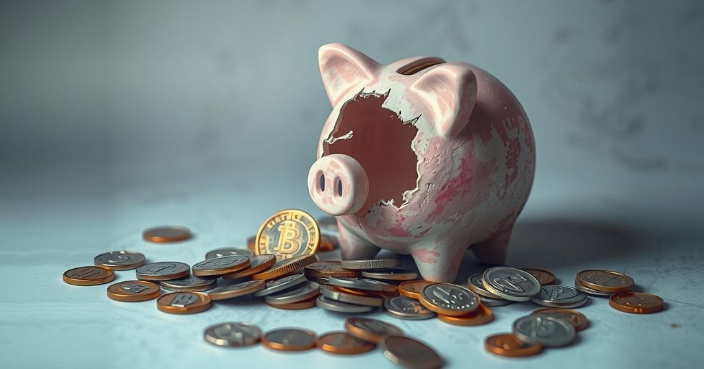 Abstract representation of financial distress, featuring scattered coins and a broken piggy bank in muted tones.