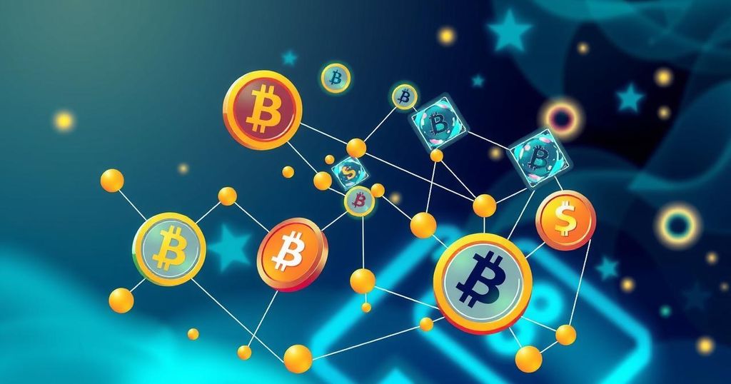 Abstract representation of digital finance with blockchain, currency symbols, and futuristic elements in vibrant colours.