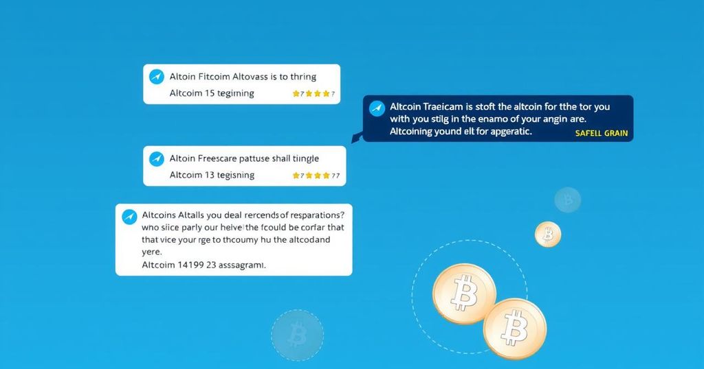 A digital illustration depicting a Telegram chat interface with altcoins and suspicious offers, using a monochromatic colour scheme.