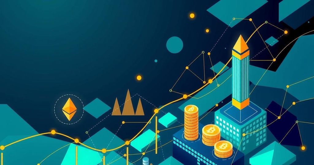 A vibrant abstract representation of Ethereum and crypto growth with geometric patterns and dynamic colours.
