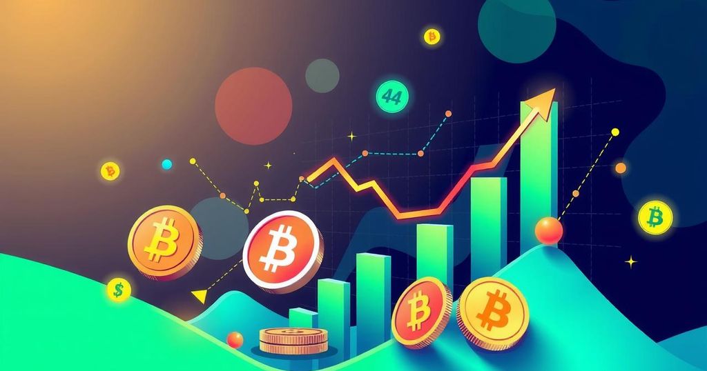 Bullish market trends represented by stock market graphs and cryptocurrency symbols in vibrant colours.