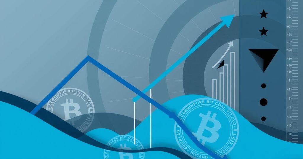 Abstract representation of Bitcoin's fluctuating value with a downward trend line, using bold blue and grey tones.