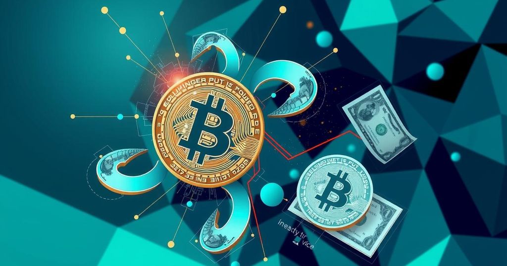 A digital representation of Bitcoin relieving the pressure on the US dollar, using a modern graphic style in blue and green hues.