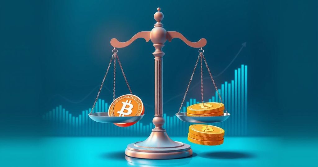 Abstract representation of cryptocurrency, scales of justice, and a digital graph in bright blues and greens.