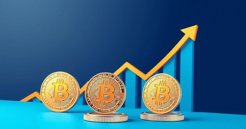 A sleek digital representation of Bitcoin symbols with a dynamic upward trend chart, vibrant blue and gold hues.