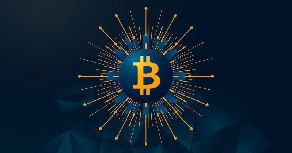 A digital illustration depicting a stylised cryptocurrency symbol in an abstract geometric design with a dark blue and gold colour scheme.
