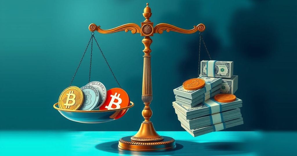Stylish digital scales symbolising justice with cryptocurrency coins on one side and money on the other, in vibrant colours.