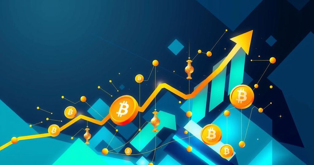 Abstract representation of cryptocurrency market trends with upward movement and time elements, using vibrant colours.