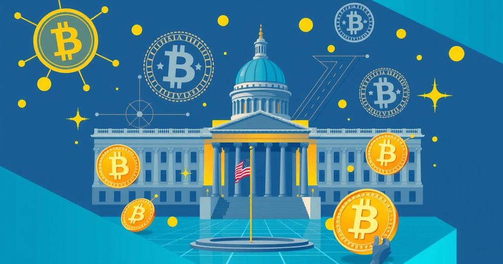 A digital illustration of a historic legislative bill advancing in Congress, with abstract cryptocurrencies and financial symbols.