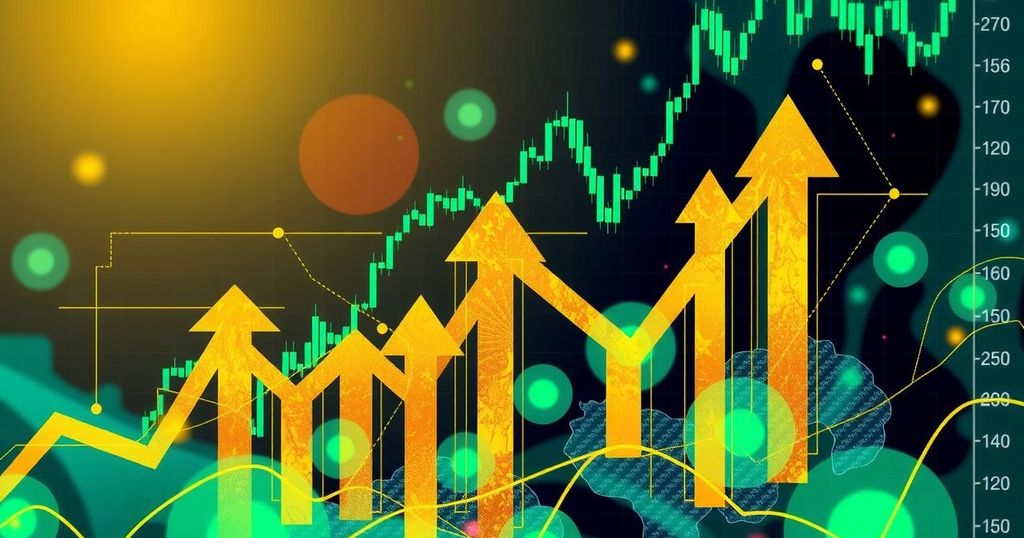 Bitcoin market trends depict bullish sentiment in vibrant colours with upward arrows and financial graphs.
