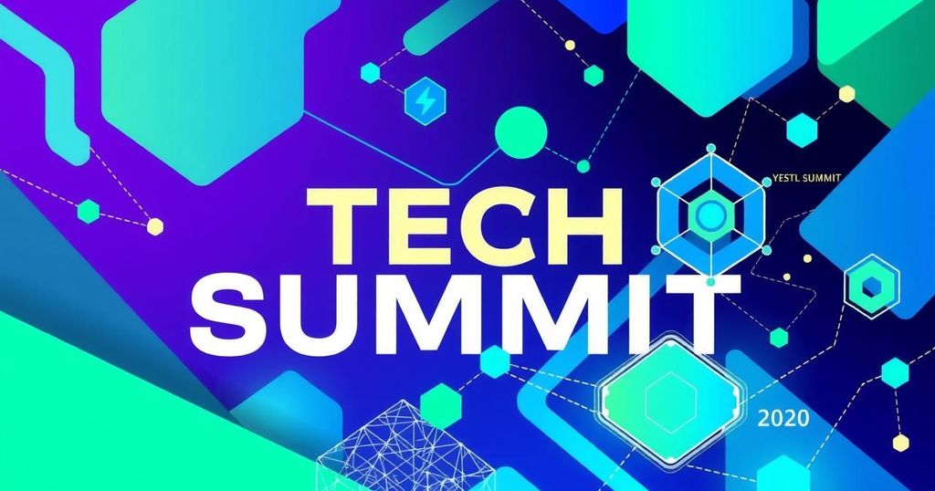 An abstract illustration of a futuristic tech summit with vibrant colours showing crypto themes and digital networks.