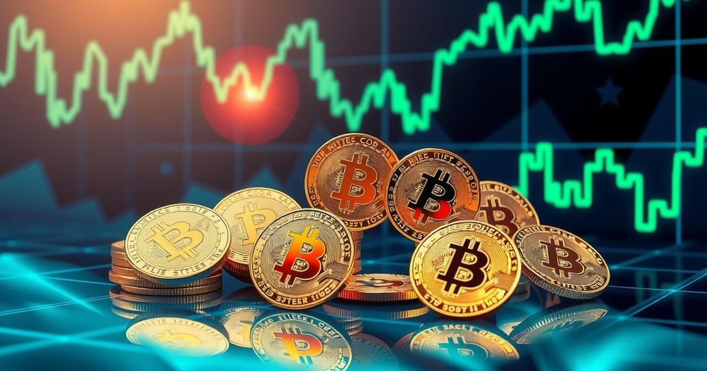 A digital abstraction of cryptocurrency trends with golden bitcoins against a fluctuating price graph.