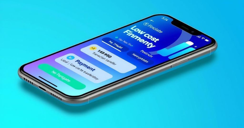 Visualisation of a fintech app interface showcasing global payments, low fees, and digital banking features.