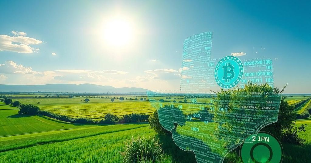 A vibrant Texas landscape with digital blockchain symbols, showcasing the state's crypto innovation and growth.