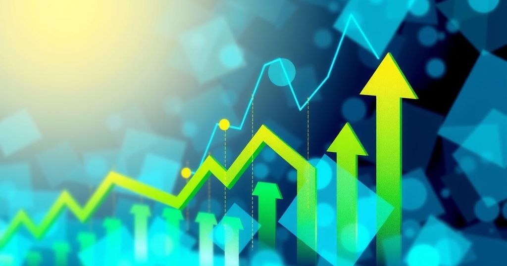 Abstract representation of stock market trends with upward arrows and vibrant colours.