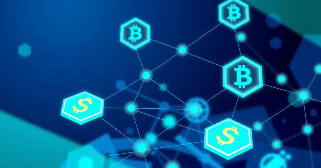 Graphic depicting tokenized stocks on blockchain, showcasing digital assets and global payroll solutions with vibrant colours.