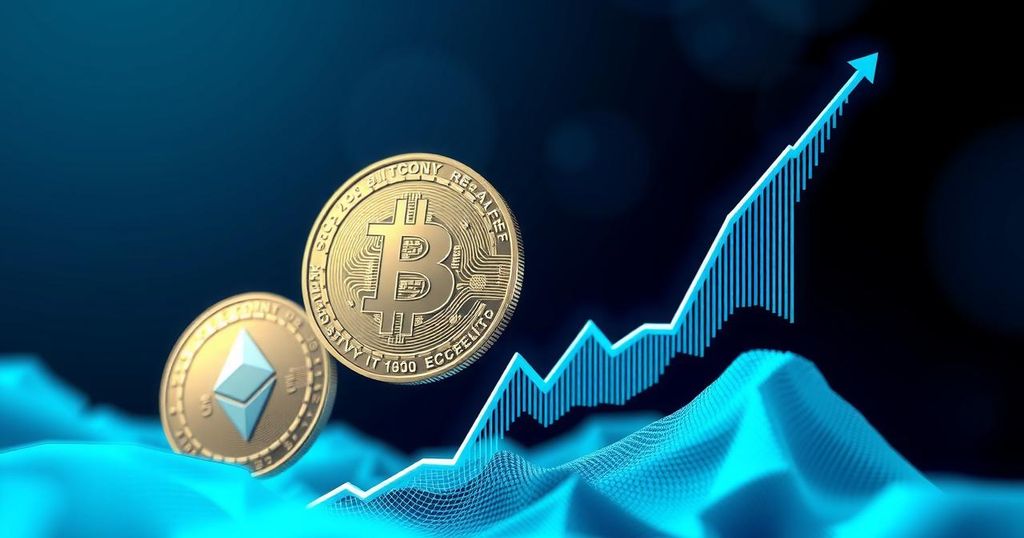 Bitcoin and Ethereum cryptocurrency trends depicted with abstract graph elements and vibrant blue and green colours.