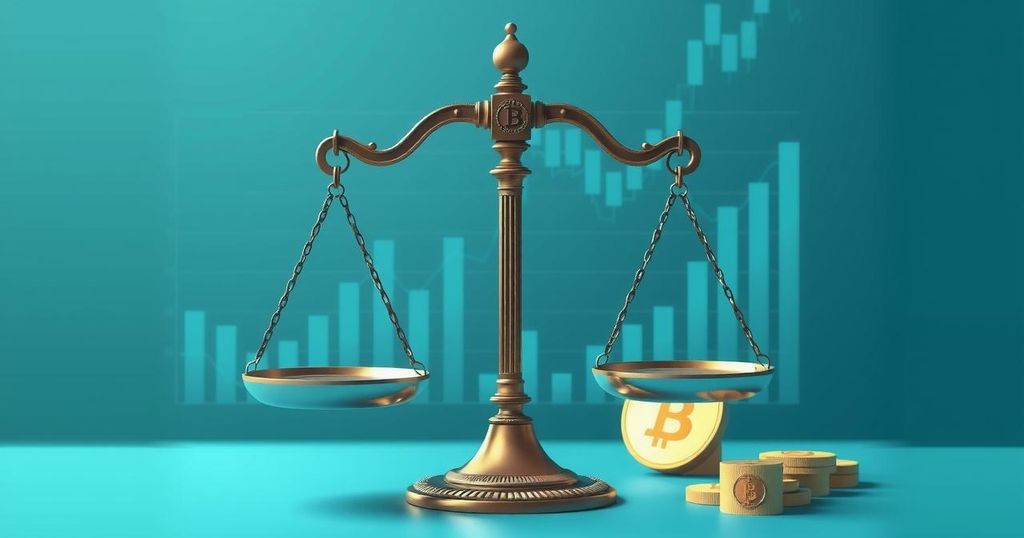 A vibrant digital artwork depicting a neutral Bitcoin market, with balance scales and abstract charts in soft blues and greens.