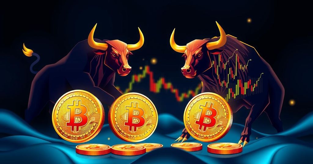 A cryptocurrency-themed digital art showcasing Bitcoin symbols and contrasting bear and bull motifs in dark blue and gold hues.