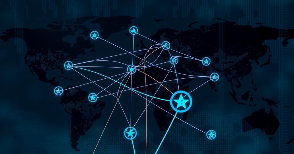 Dark web crypto scam investigation with abstract digital trails and a map, representing trafficking links.