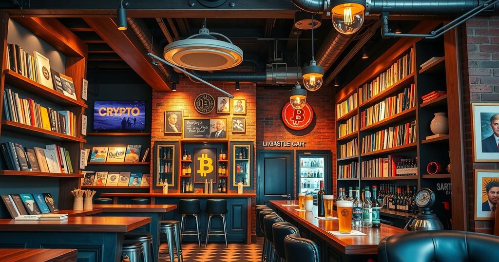 A vibrant Bitcoin bar interior with rustic decor, books on crypto, and a backdrop of craft drinks and beers.