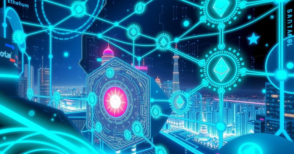 A futuristic digital illustration showcasing blockchain technology and cryptocurrencies like Ethereum and Solana in vibrant blue and green.