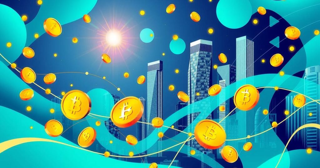 An abstract visual representation of cryptocurrency and financial transactions in Hong Kong.