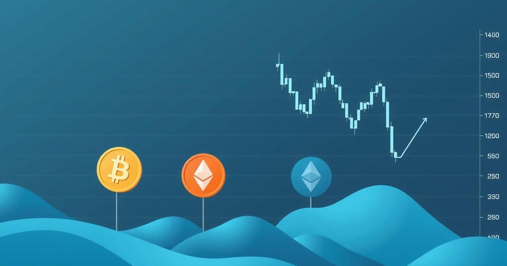 A fluctuating cryptocurrency market graph showing Bitcoin, Ethereum, and XRP trends with a downward trend.