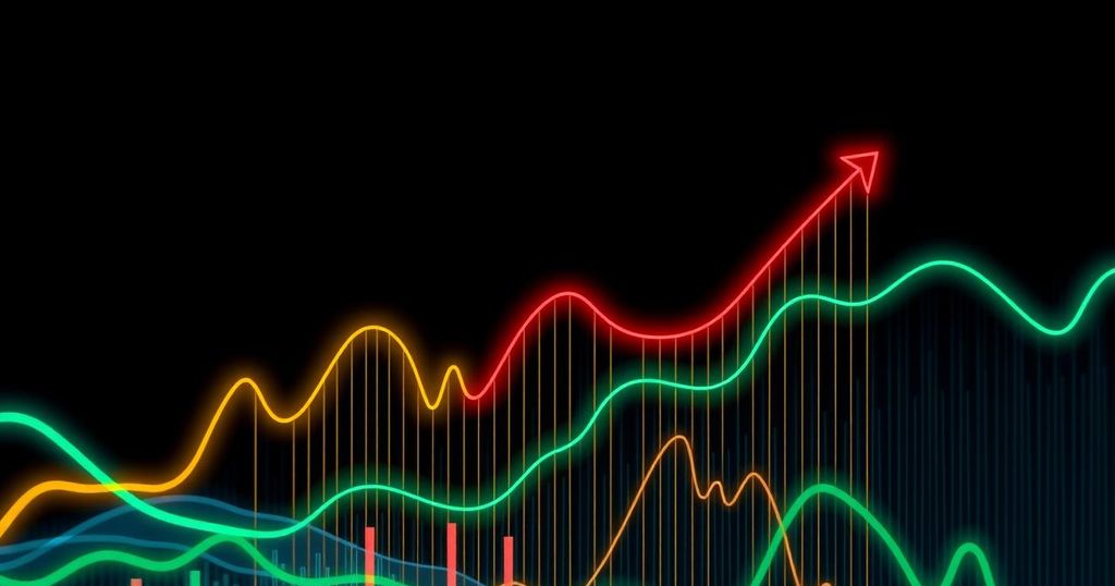 An abstract representation of Bitcoin's fluctuating market trends with green and red lines, highlighting market volatility.