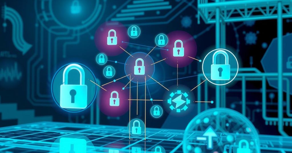 A digital communication concept featuring a secure messaging interface with symbols of encryption and decentralization