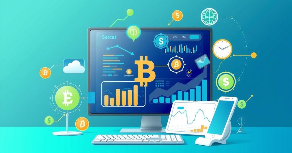 Illustration of a digital workspace with cryptocurrency icons and financial tools for small businesses.