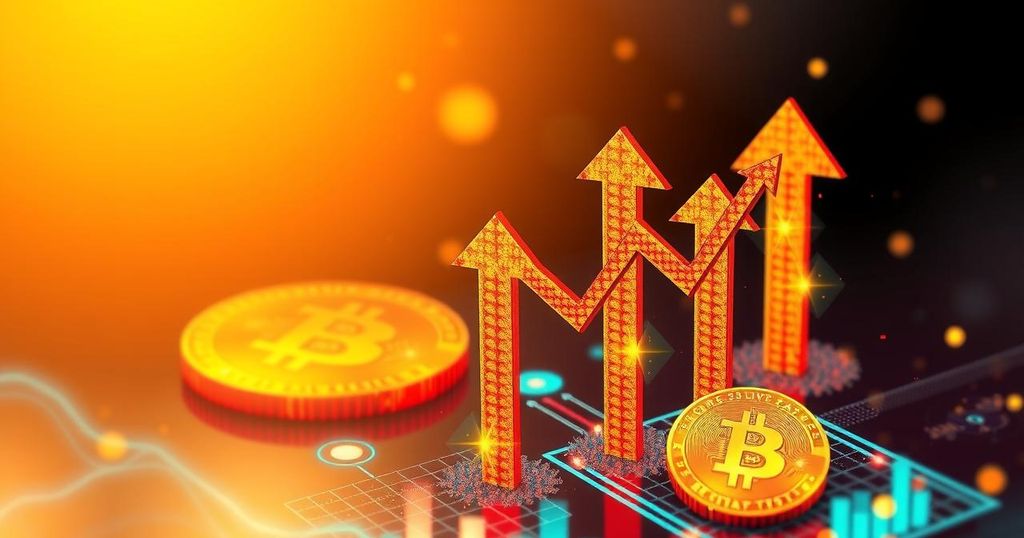 Visualisation of bullish Bitcoin market trend with upward arrows and positive sentiment, warm colour palette.