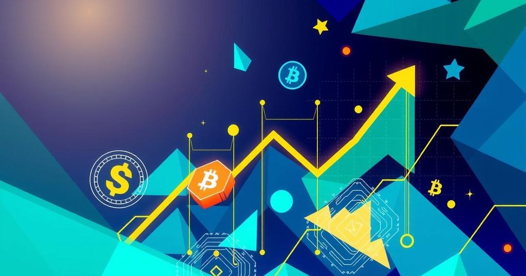Abstract representation of cryptocurrency trends with rising and falling graphs, vibrant colours and digital motifs.