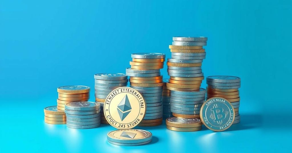 Abstract representation of Ethereum whale accumulation, featuring digital coins stacked among vibrant blue and green gradients.