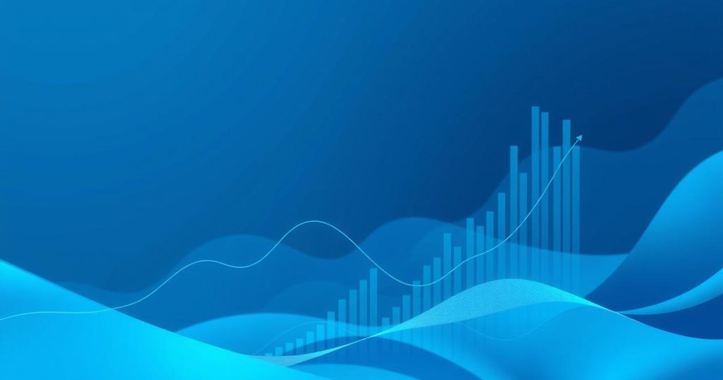 A financial chart showing stable Bitcoin prices with abstract graphs and blue tones.