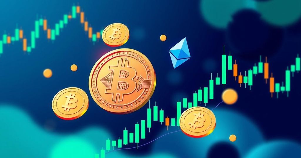 A digital illustration of cryptocurrency symbols and charts depicting market trends and volatility.