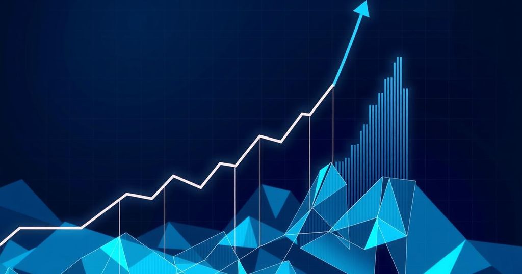 Graphical representation of Ethereum's bullish forecast with an upward trend, dark blue tones and geometric patterns.