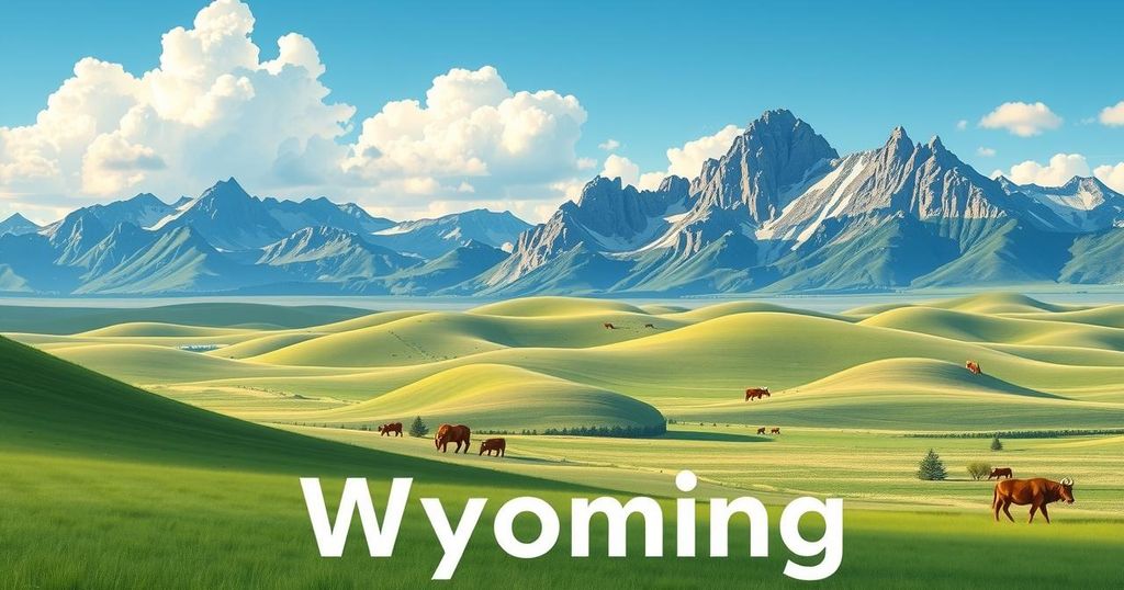 A scenic view of Wyoming's landscape with mountains and open skies, symbolising the pro-crypto environment.