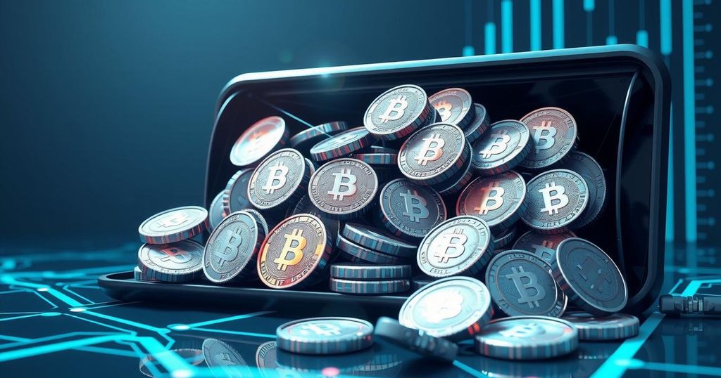 A digital artwork depicting a vast digital wallet overflowing with virtual coins, symbolising cryptocurrency seizures.