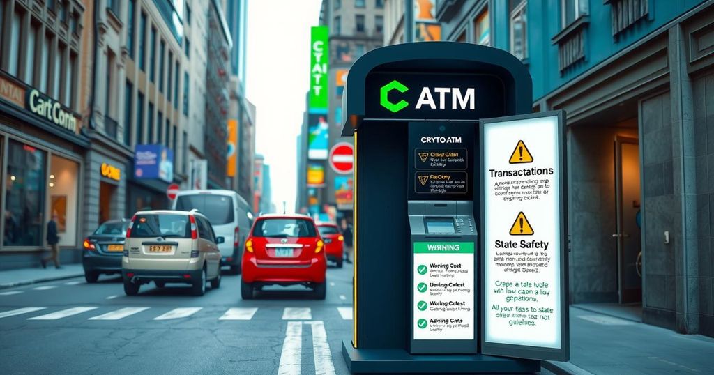 Crypto ATM kiosk in a modern urban setting with clear guidelines and warning signs, showcasing a secure transaction environment.