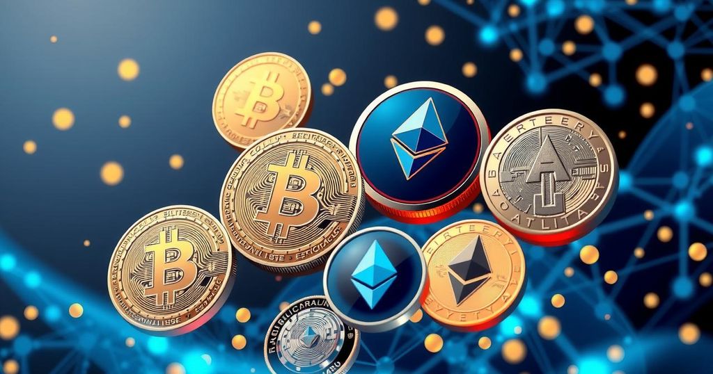 A vibrant cryptocurrency-themed digital artwork featuring coins, graphs, and abstract blockchain designs in blue and gold hues.