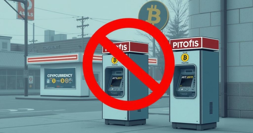 A ban sign amidst cryptocurrency kiosks in an urban setting, highlighting concerns over financial scams with a muted color palette.