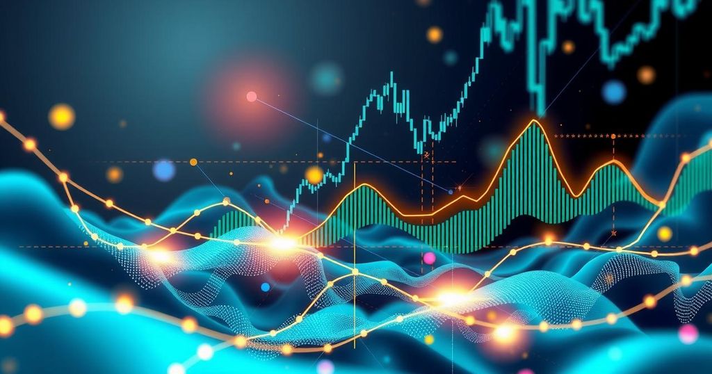 A vibrant digital landscape illustrating cryptocurrency growth, with abstract graphs and blockchain elements in bright colours.