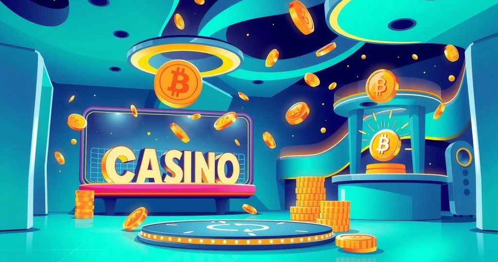 A digital image showcasing a vibrant, modern cryptocurrency casino setting with bright colours and playful designs.