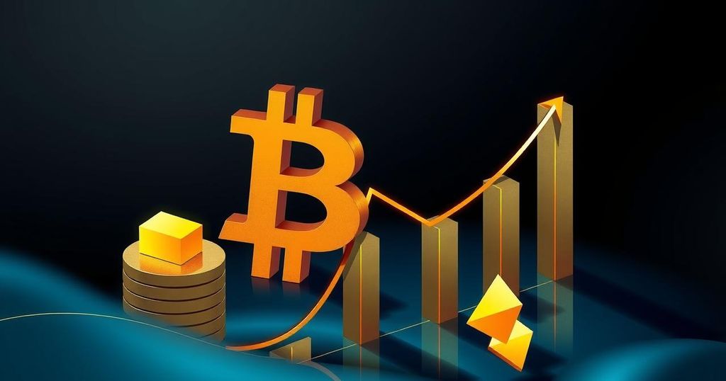 An abstract representation of Bitcoin's market potential with geometric shapes and a golden colour palette.