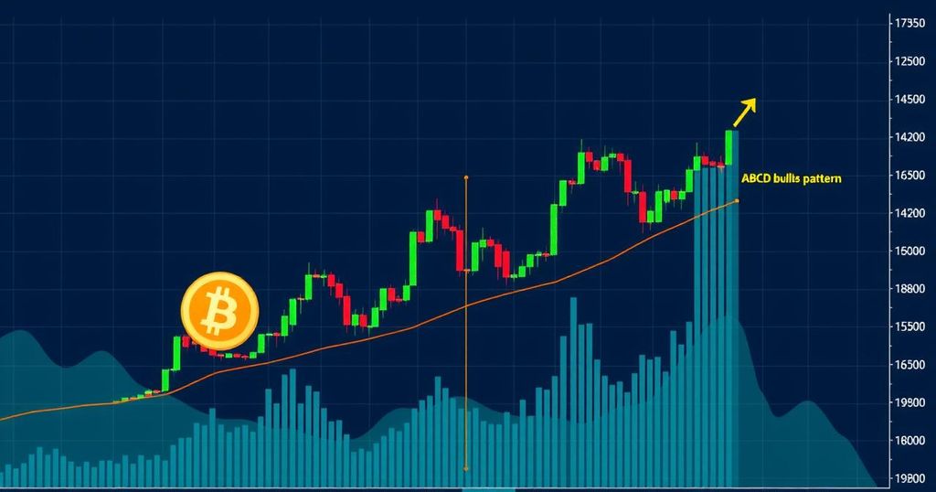 A Bitcoin chart showing ABCD pattern with bullish indicators, in bright colours depicting financial optimism.