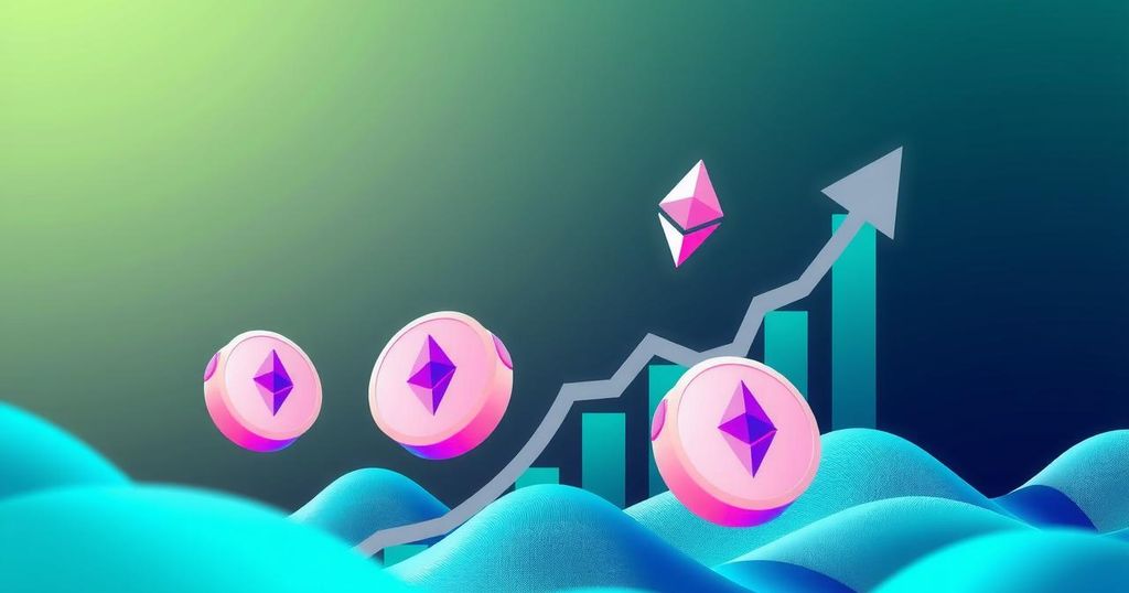 A digital illustration of Ethereum symbols with bullish market trend indicators in a vibrant green and blue colour scheme.