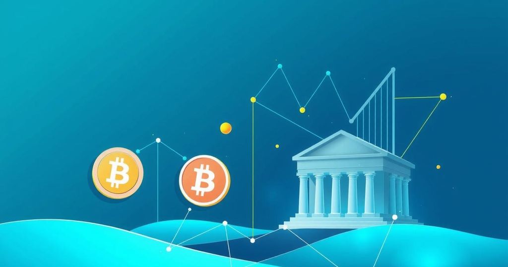 A conceptual depiction of a digital payment landscape with stablecoins and banks, featuring vibrant colours and geometric shapes.