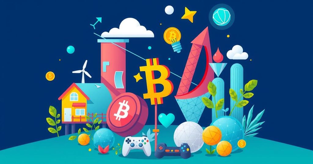 A vibrant digital art piece depicting various unexpected industries embracing blockchain technology and cryptocurrency.