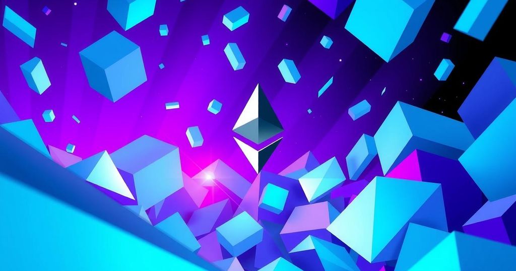 Graphical representation of Ethereum symbol amidst digital elements, showcasing innovation and restructuring in technology.